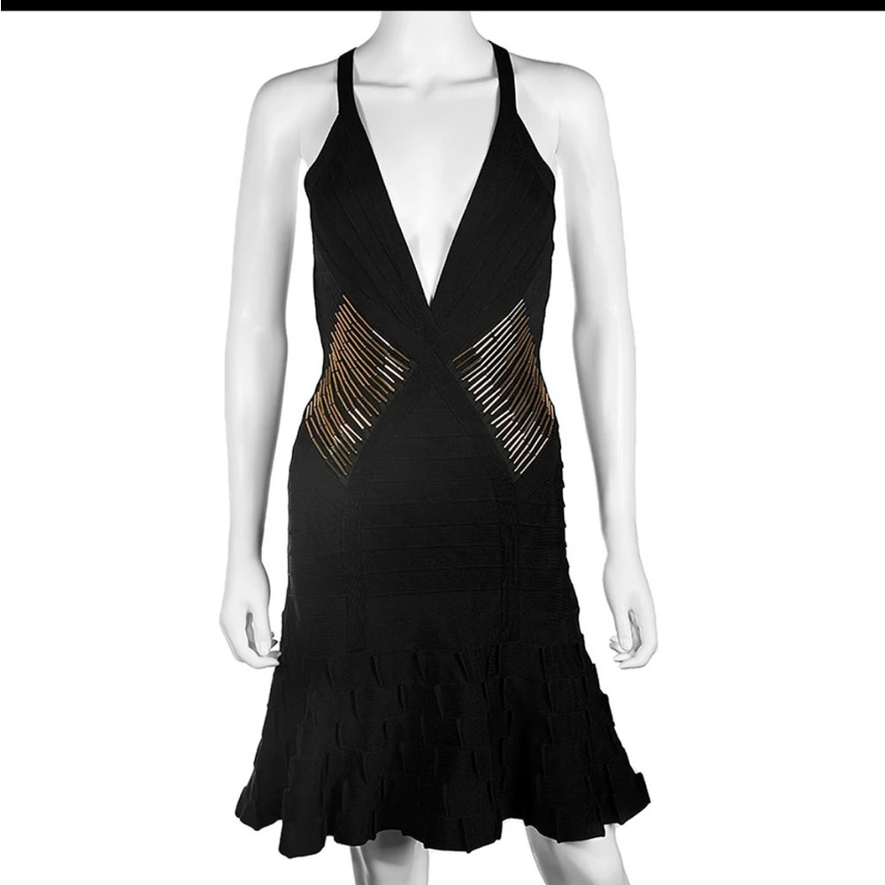 Herve Leger Black Dress with Gold Cutout Accents